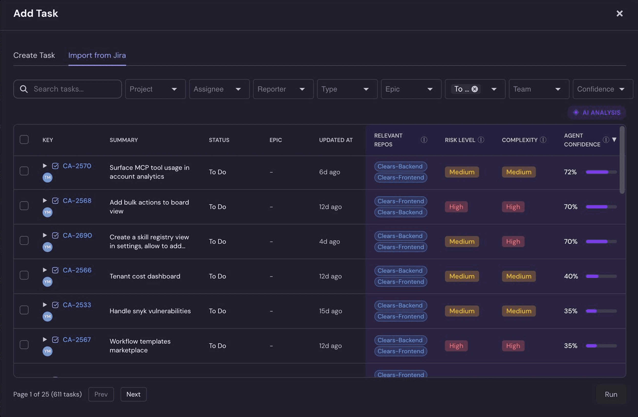 Clears Triage dashboard showing imported Jira tasks with risk, complexity, repositories, and agent confidence scores