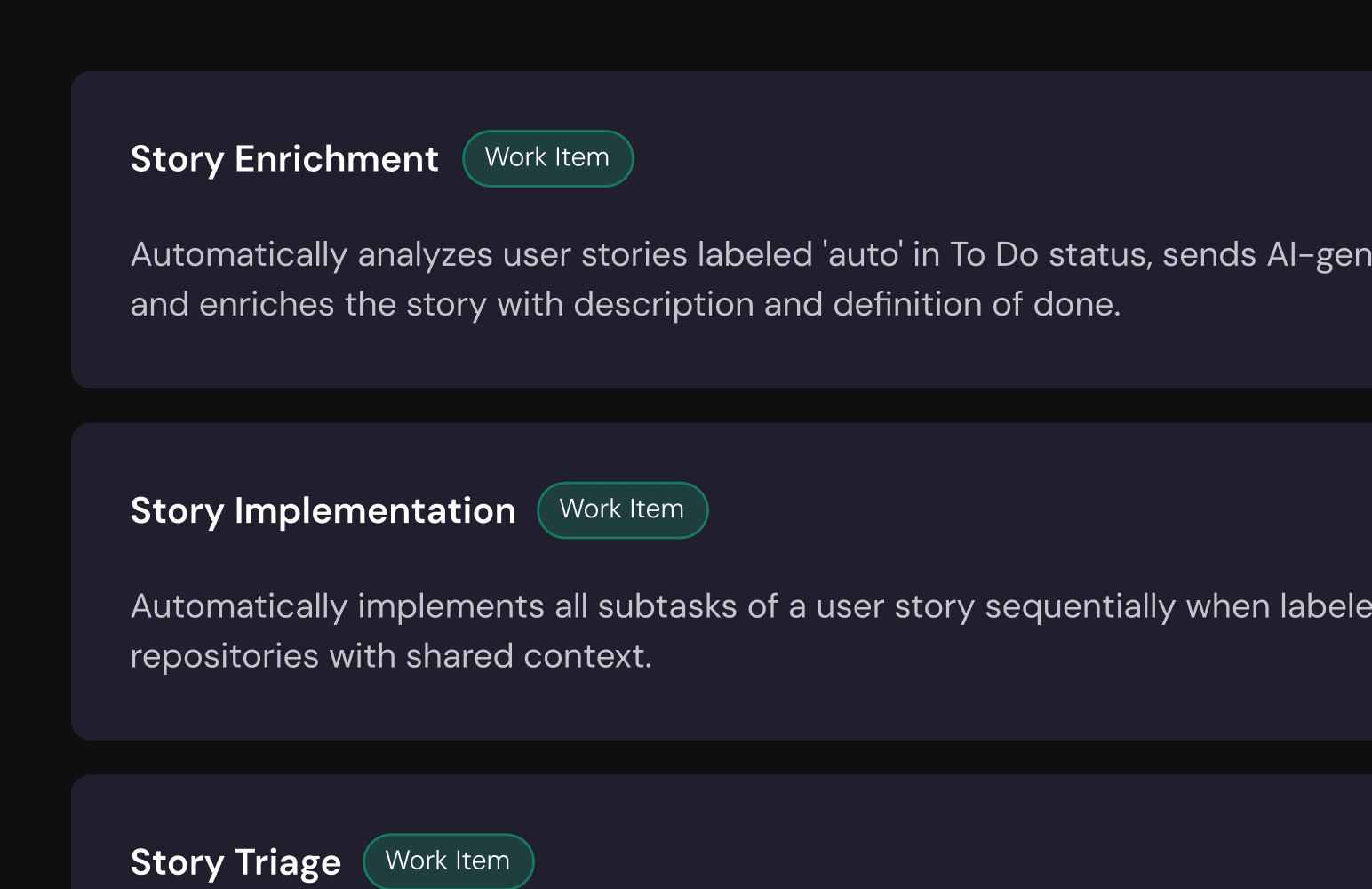 Clears workflow catalog showing Story Enrichment, Implementation, and Triage workflows