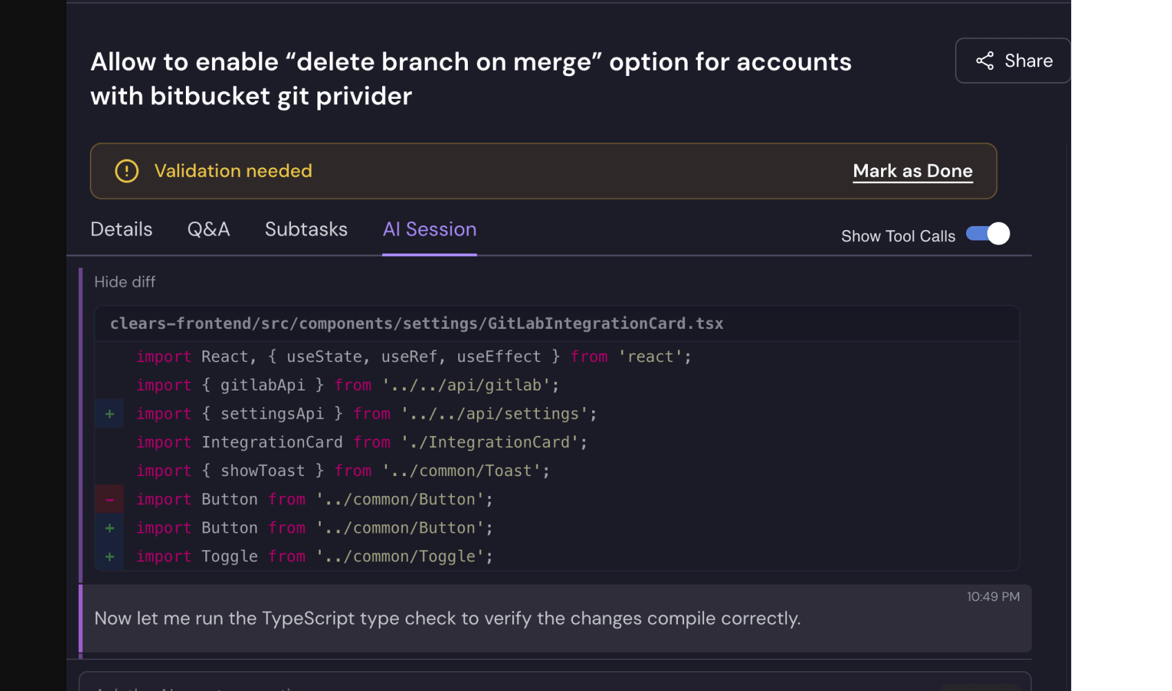 Clears AI session showing live code changes during implementation