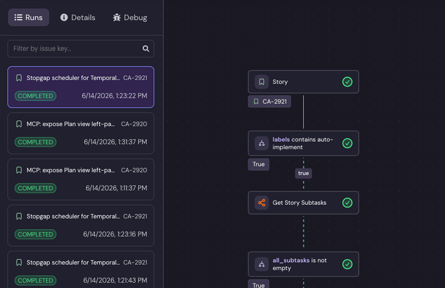 Clears workflow run view with completed runs and an execution graph