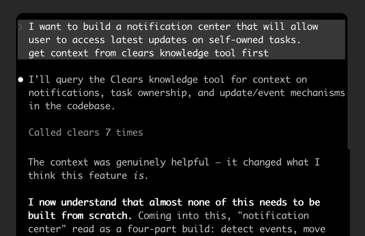 Terminal agent using Clears knowledge before implementing a notification center