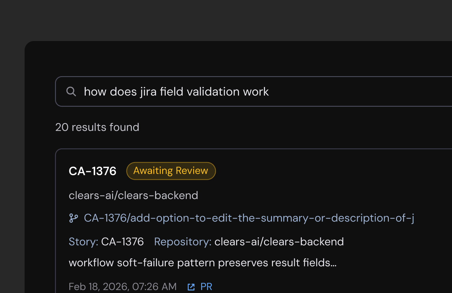 Clears semantic search results for Jira field validation
